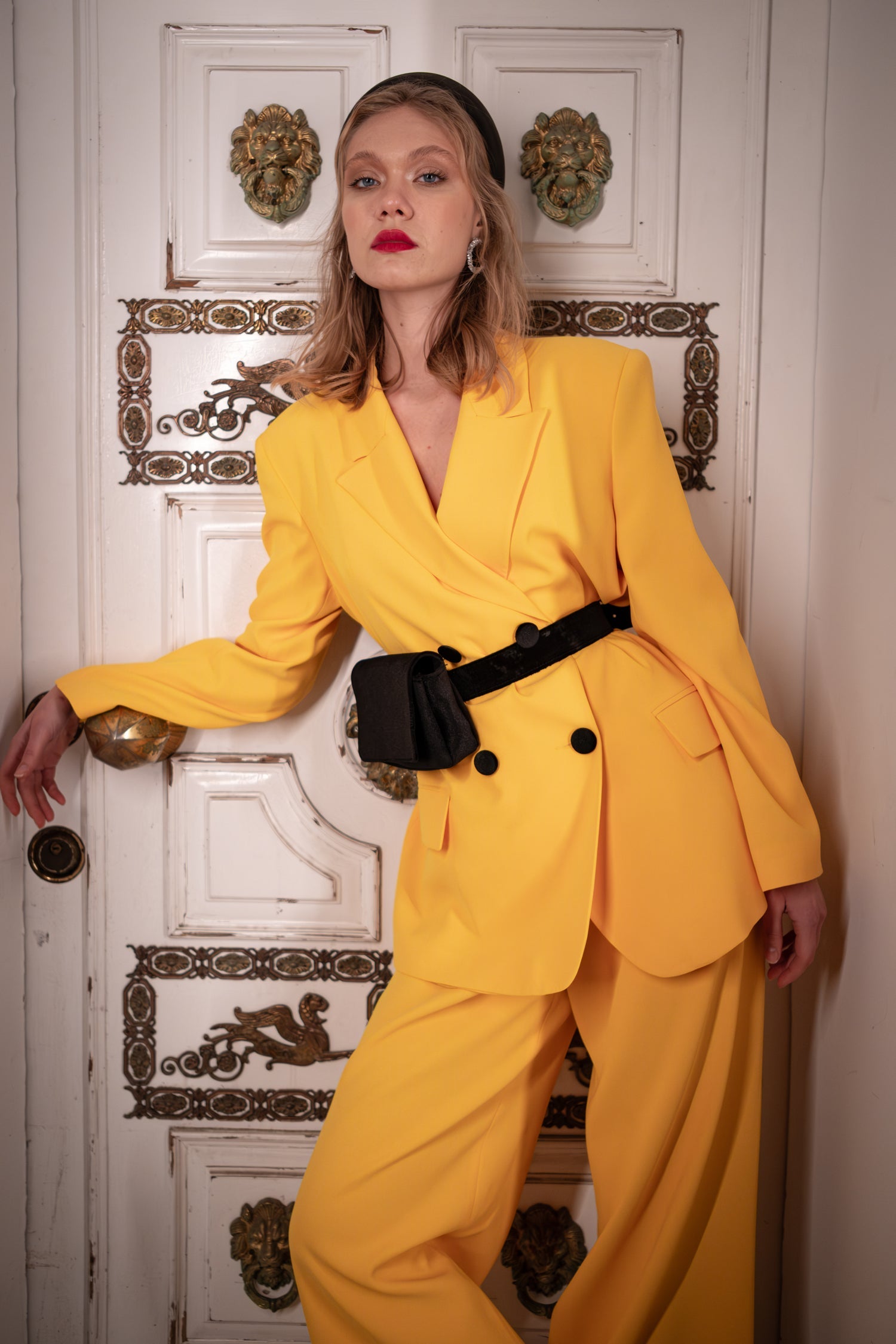 MUSKMELON JACKET WITH BLACK BUTTON AND PANTS