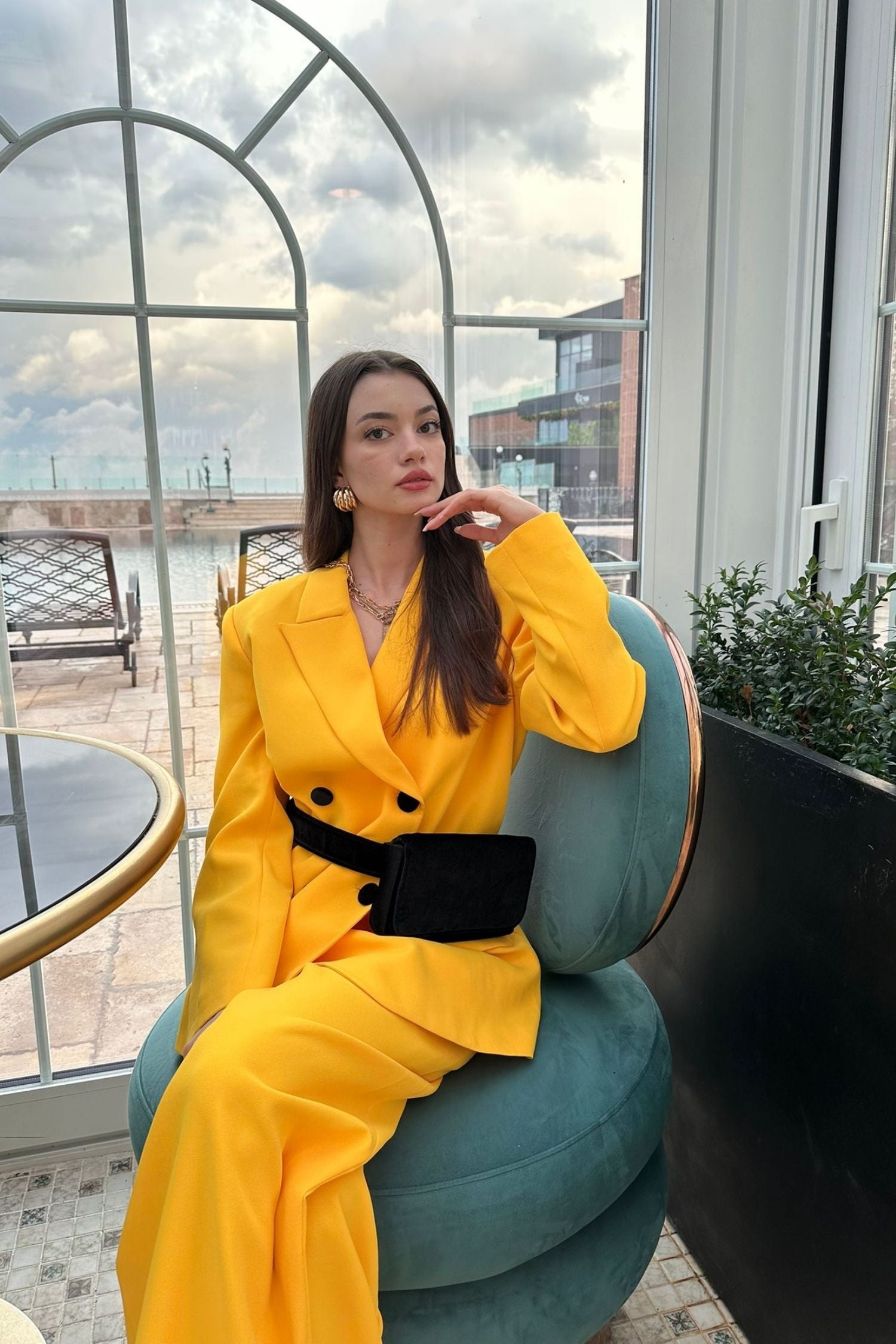 MUSKMELON JACKET WITH BLACK BUTTON AND PANTS