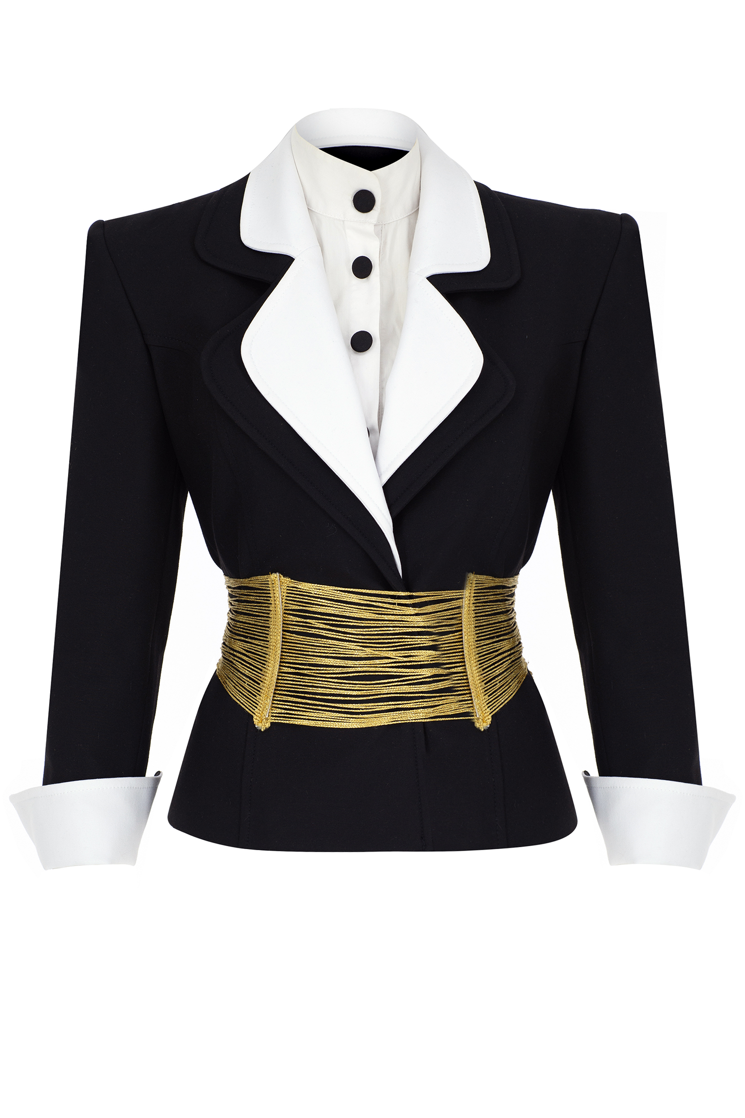 DOUBLE LAYER COLLAR BUSINESS JACKET WITH GOLD BELT AND SKIRT